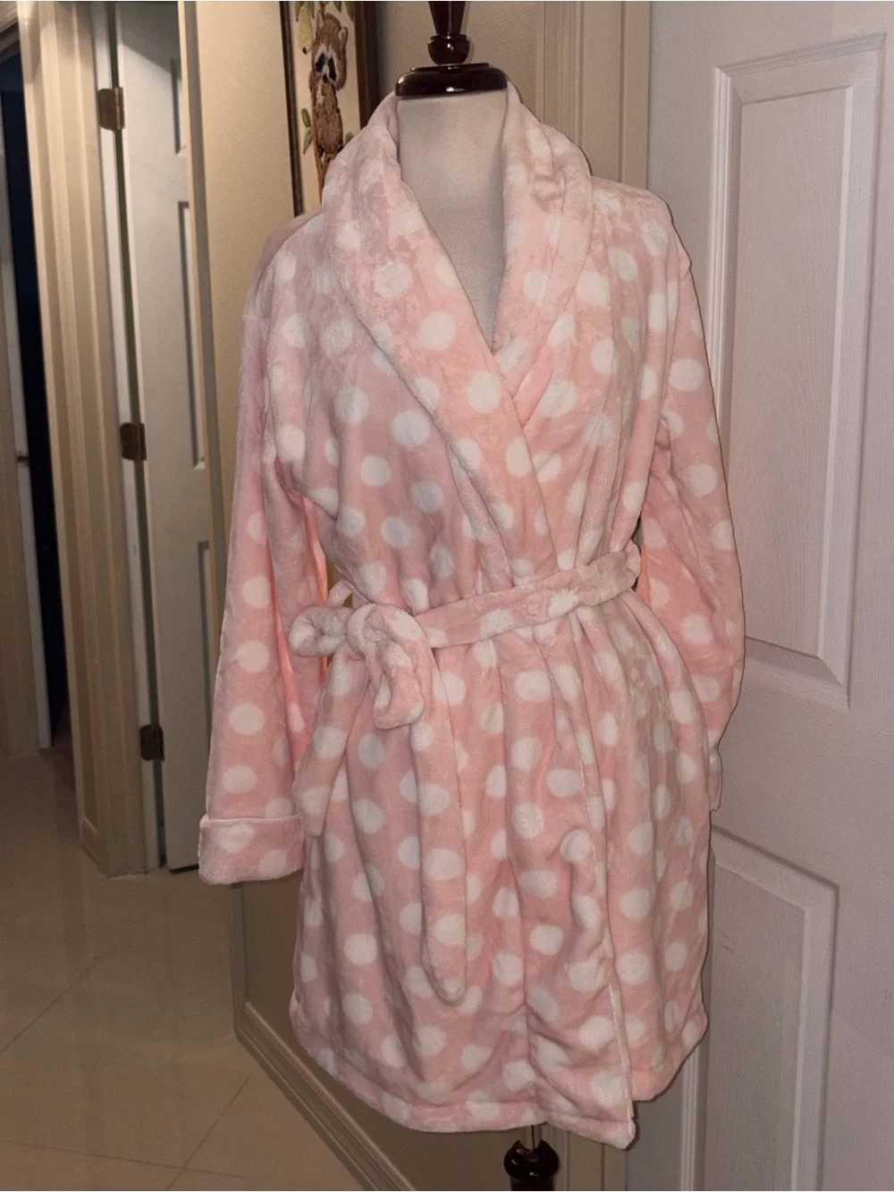 Nwt Kate Spade New York Plush Fleece Robe Pink White Polka Dot